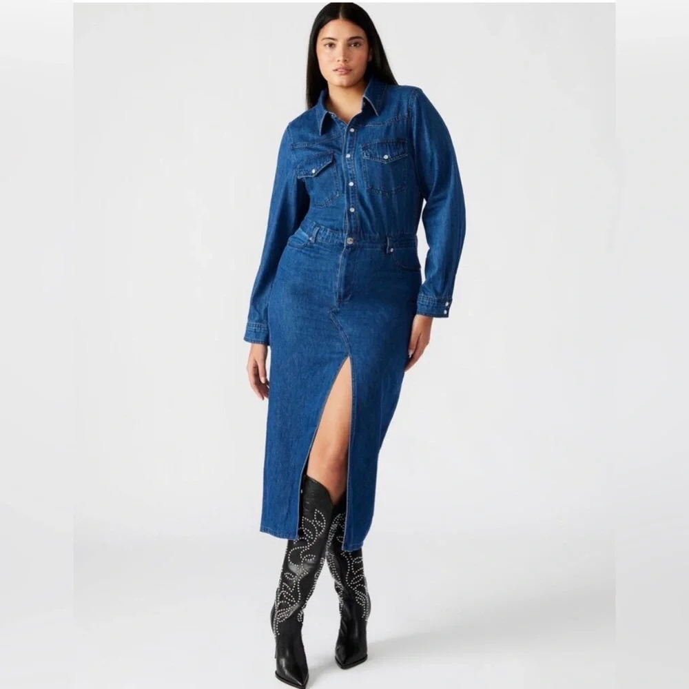NWT Steve Madden "Dakoda" Denim Maxi Dress Pearl Snap – Size 6 - Picture 2 of 12